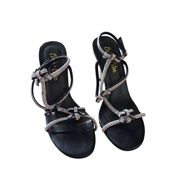 Chase & Chloe Sandals Rhinestone Ankle Strap in Black Gold Heel - Picture 3 of 9